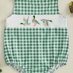 Green Gingham Baby Romper with Duck Embroidery